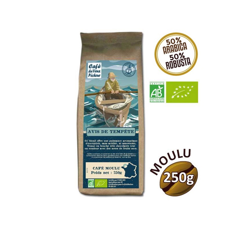 Café moulu Blend AVIS DE TEMPÊTE BIO 250g - CAFÉ DU VIEUX PÊCHEUR Café moulu Blend AVIS DE TEMPÊTE BIO 250g - CAFÉ DU VIEUX PÊCHEUR