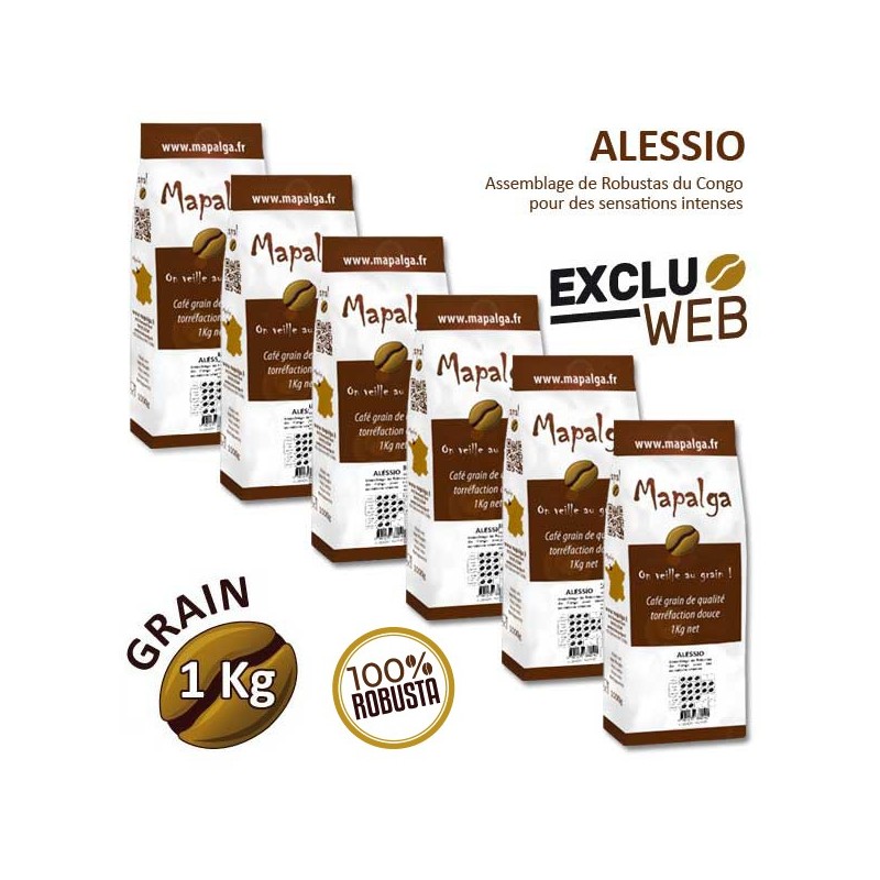 Pack x 6 Café grain ALESSIO 100% ROBUSTA - 1 kg - MAPALGA