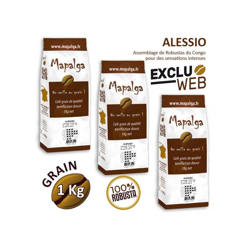 X 3 Café Grain Alessio 100% Robusta Café - 1 kg - MAPALGA