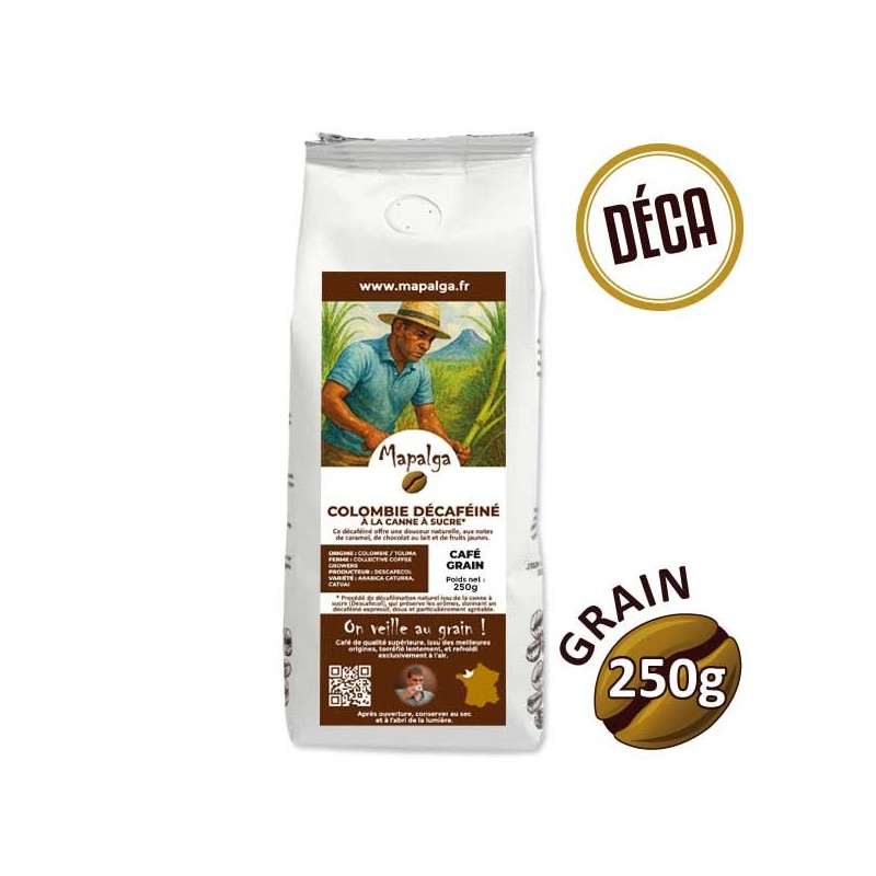 Café grain COLOMBIE DÉCAFÉINÉ à la canne à sucre 250g - MAPALGA