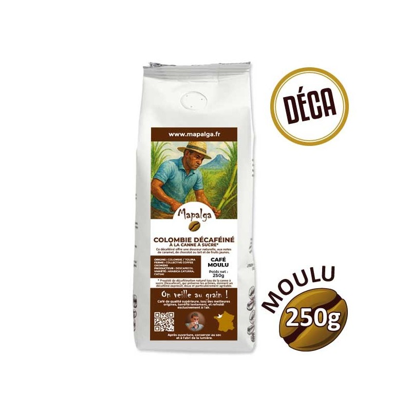 Café moulu COLOMBIE DÉCAFÉINÉ à la canne à sucre 250g - MAPALGA