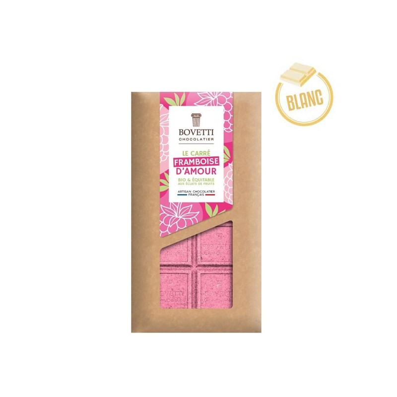 Tablette Chocolat Blanc BIO Le Carré FRAMBOISE D'AMOUR 80g - BOVETTI