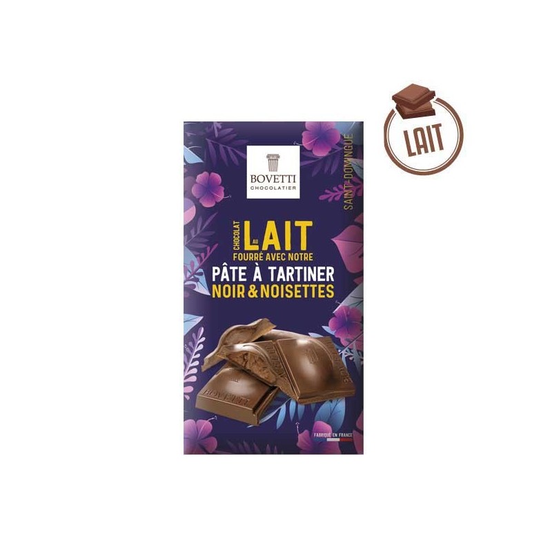 Tablette chocolat au lait fourré à la pâte à tartiner noir & noisettes 100g BIO - BOVETTI Tablette chocolat au lait fourré à la pâte à tartiner noir & noisettes 100g BIO - BOVETTI