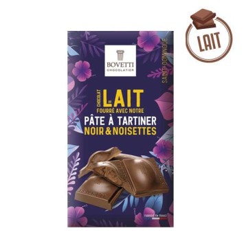 Tablette chocolat au lait fourré à la pâte à tartiner noir & noisettes 100g - BOVETTI