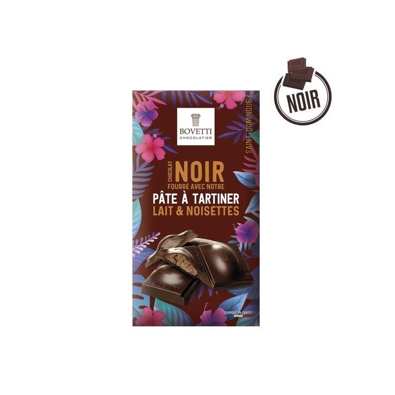 Tablette chocolat noir fourré à la pâte à tartiner lait & noisettes 100g BIO - BOVETTI