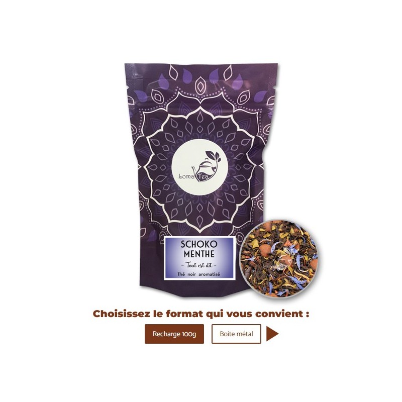 Thé noir SCHOKO MENTHE VRAC 100g - LOMATEA Thé noir SCHOKO MENTHE VRAC 100g - LOMATEA