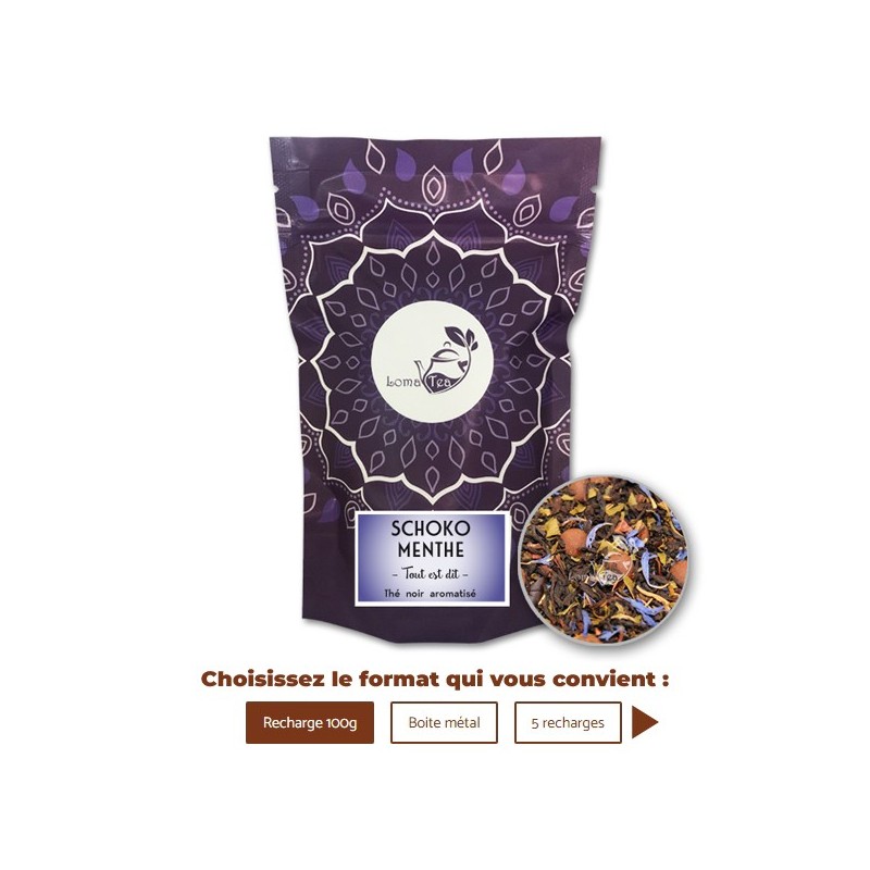 Thé noir SCHOKO MENTHE VRAC 100g - LOMATEA Thé noir SCHOKO MENTHE VRAC 100g - LOMATEA