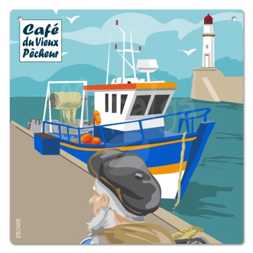 Decorative plaque The quay fisherman before boarding - Café du Vieux fisherman 19x19 cm