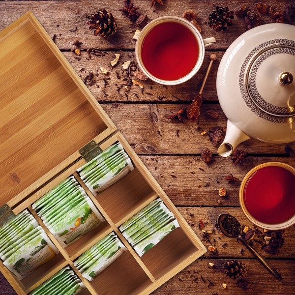 Relaxdays Boîte à thé bambou sachets thé vrac 4 compartiments