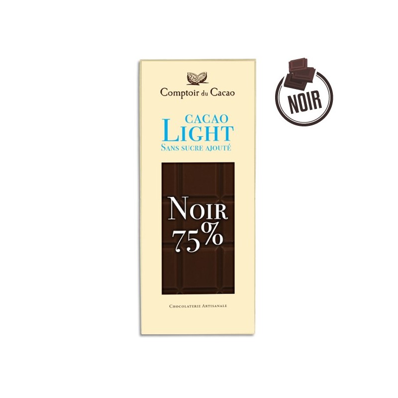 Tablette chocolat noir Light 75% sans sucres - 80g - LE COMPTOIR DU CACAO