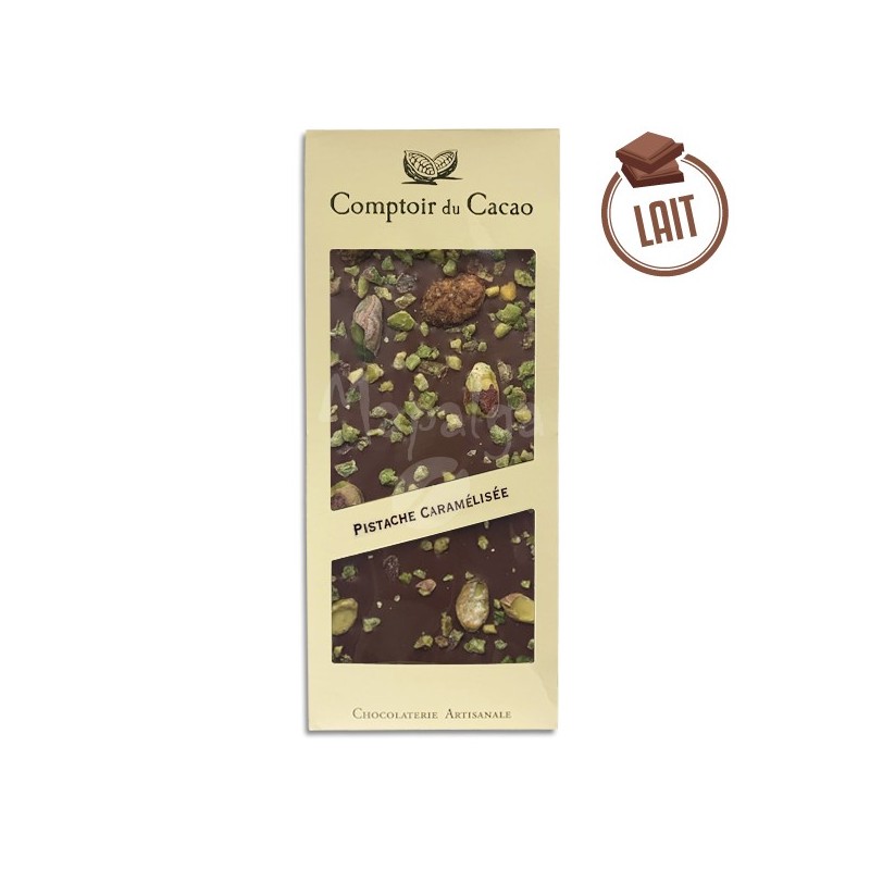 Tablette chocolat  au lait  Pistaches caramélisées - 90g - LE COMPTOIR DU CACAO