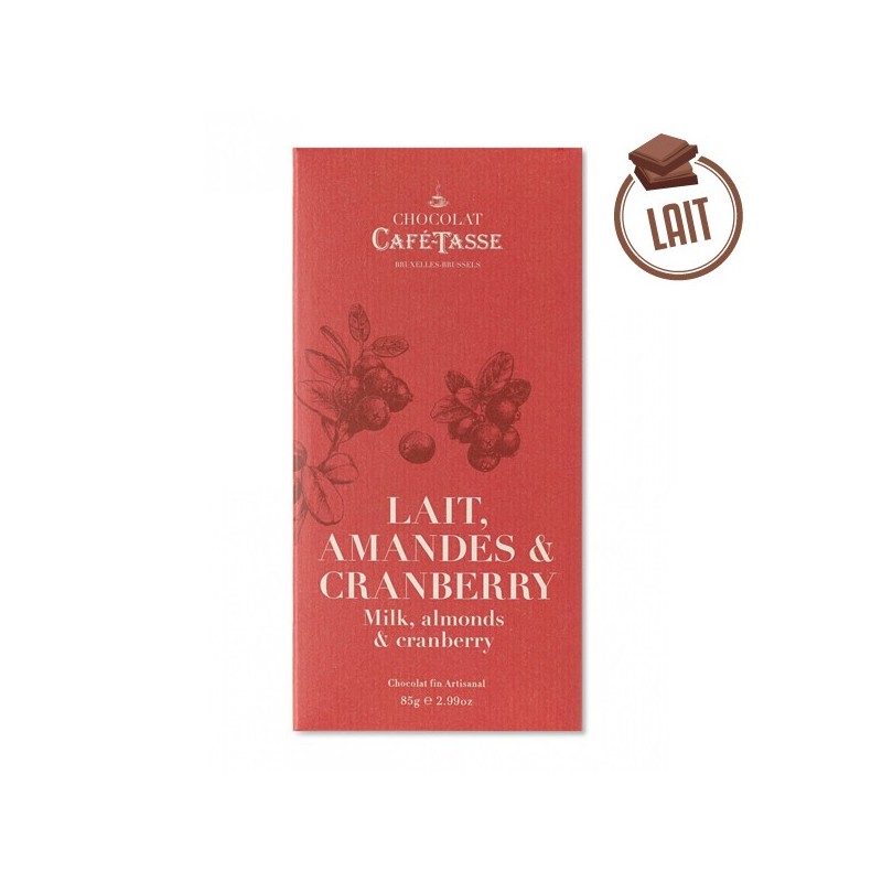 Milk chocolate tablet almond & cranberry 85g - cafe -tasse Milk chocolate tablet almond & cranberry 85g - cafe -tasse