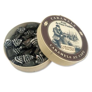 Boîte ronde bois Caramels au café au beurre  d'Isigny A.O.P. 150g - CAFÉ DU VIEUX PÊCHEUR