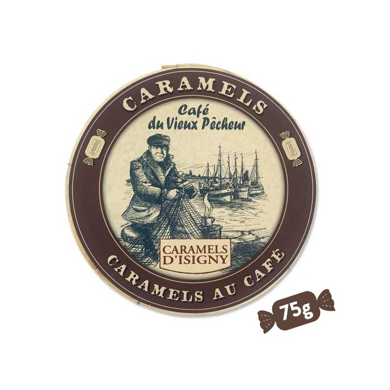 Boîte ronde bois Caramels au café au beurre d'Isigny A.O.P. 75g - CAFÉ DU VIEUX PÊCHEUR