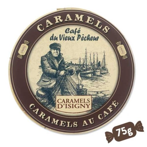 Boîte ronde bois Caramels au café au beurre d'Isigny A.O.P. 75g - CAFÉ DU VIEUX PÊCHEUR
