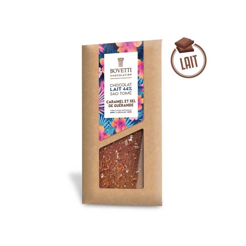 Tablette Chocolat Lait Sao Tomé CARAMEL ET SEL DE GUÉRANDE 100g - BOVETTI