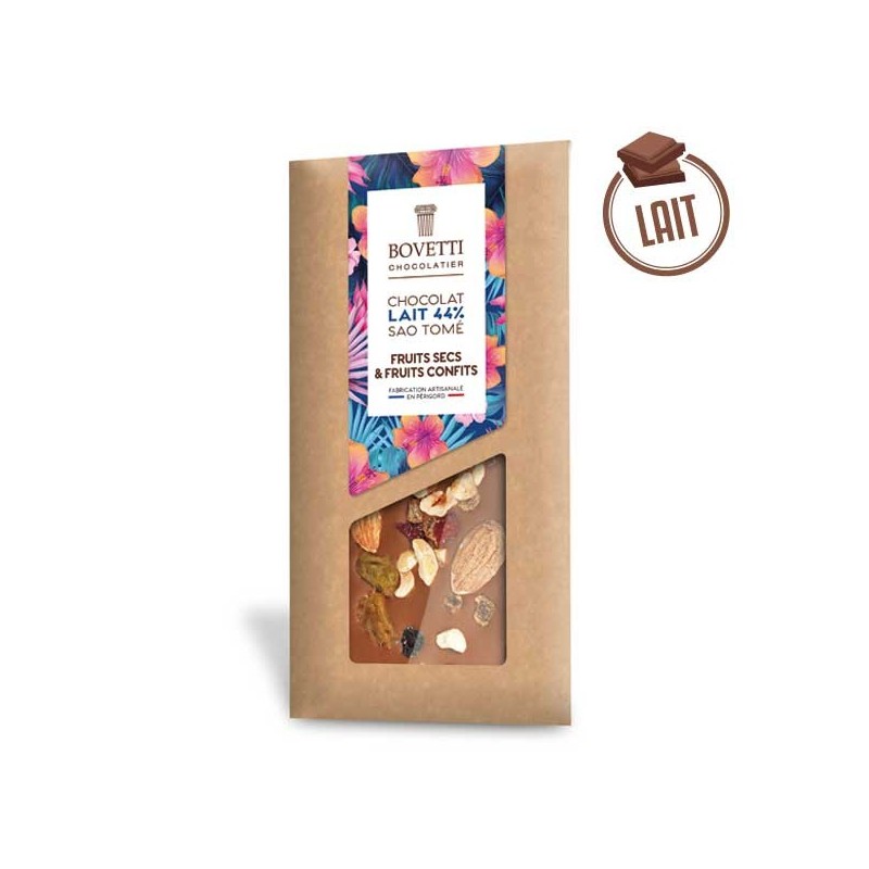 Tablette Chocolat Lait Sao Tomé FRUITS SECS ET FRUITS CONFITS 100g - BOVETTI