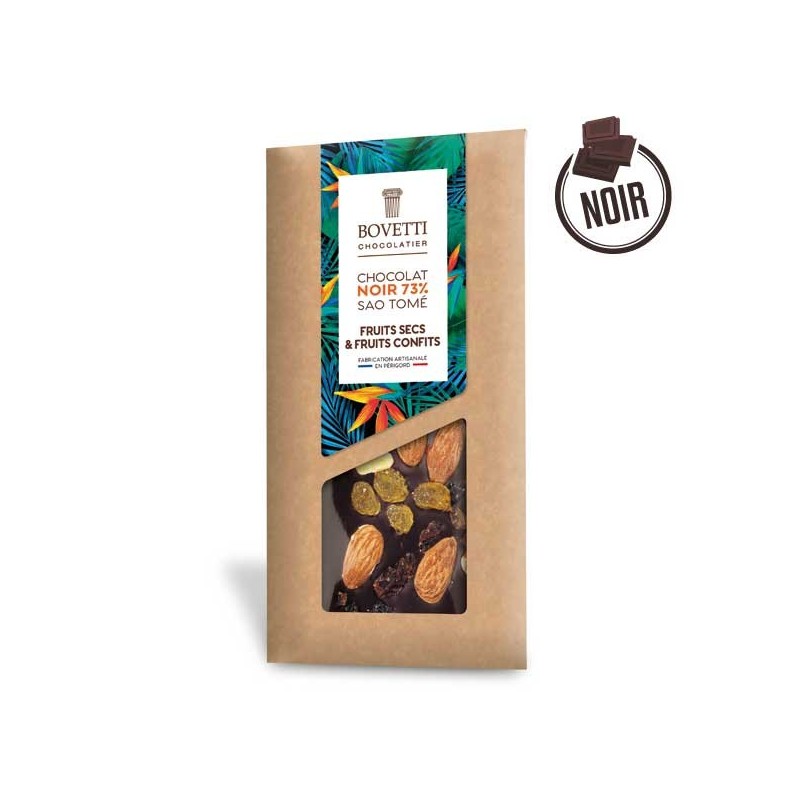 Tablette Chocolat Noir Sao Tomé FRUITS SECS ET FRUITS CONFITS 100g - BOVETTI