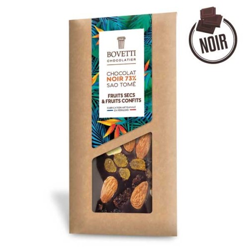 Tablette Chocolat Noir Sao Tomé FRUITS SECS ET FRUITS CONFITS 100g - BOVETTI