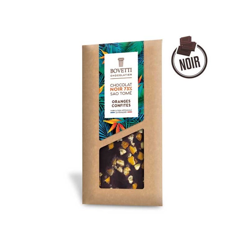 Tablette Chocolat Noir Sao Tomé ORANGES CONFITES 100g - BOVETTI Tablette Chocolat Noir Sao Tomé ORANGES CONFITES 100g - BOVETTI